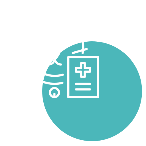 A simple graphic shows an outline of a cat’s face overlapping a teal circle containing an icon of a veterinary medical document with a cross symbol, representing vet care.