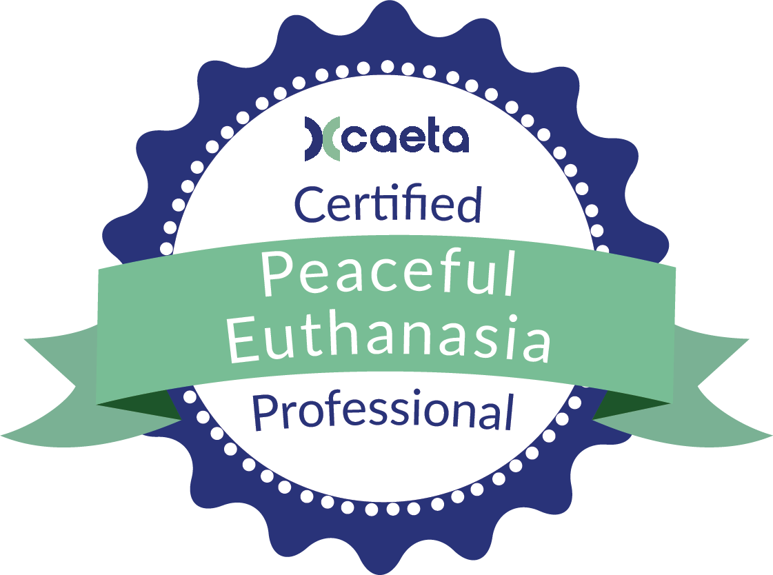 A circular blue badge with white dots, featuring the caeta logo and text: "Certified Peaceful Euthanasia Veterinarian" on a light green ribbon across the center.