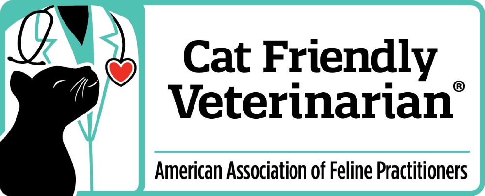 Logo featuring a black cat facing a vet in a teal coat holding a stethoscope with a heart. Text reads: "Cat Friendly Veterinarian, American Association of Feline Practitioners.