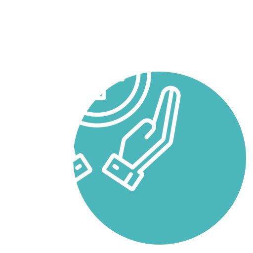 A teal circle with an outlined hand and a medical cross symbol above it, evoking a caring vet’s touch. Another semi-transparent hand is layered to the left, creating an overlapping effect on a light background.