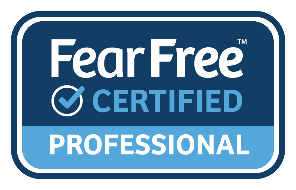 A rectangular blue badge with the words "Fear Free Certified Professional" and a checkmark in a circle, indicating certification for a Vet or Veterinarian.