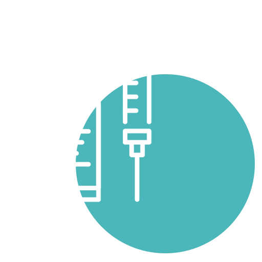 An illustration of a medicine bottle and syringe, both outlined in white, overlap a teal circle on a light gray background—perfect for vet or veterinarian themes.