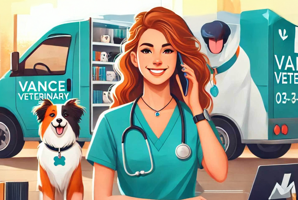 A smiling female vet with long red hair, wearing teal scrubs and a stethoscope, talks on the phone. A happy dog sits beside her, and a veterinary van is visible in the background.