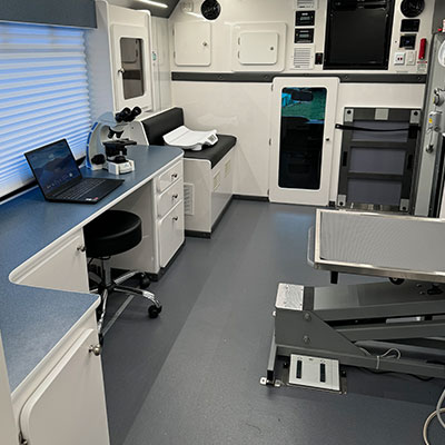 A clean, modern mobile veterinary clinic interior with a laptop on a desk, a microscope, examination table, cabinets, and medical equipment neatly arranged—perfect for any veterinarian on the go.