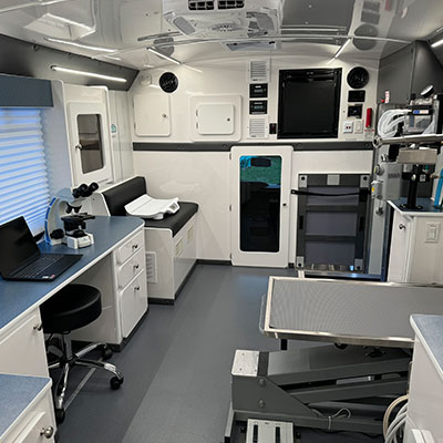 A clean, modern veterinary clinic with exam tables, a laptop, microscope, medical equipment, and cabinets. The well-lit room features white and gray furnishings—ideal for any veterinarian providing top-notch care.