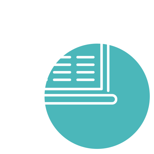 A white outline of a laptop with a medical cross above it, symbolizing veterinary care, overlaps a solid teal circle on a light gray background.