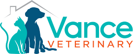 Logo for Vance Veterinary featuring silhouettes of a cat and a dog sitting together inside an outline of a house, highlighting expert Vet care with "Vance" in blue and "VETERINARY" in orange letters.