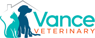 Logo for Vance Veterinary features the outlines of a cat and a dog sitting together under a house roof. "Vance" appears in large blue letters, and "Veterinarian" is written in smaller orange letters below.